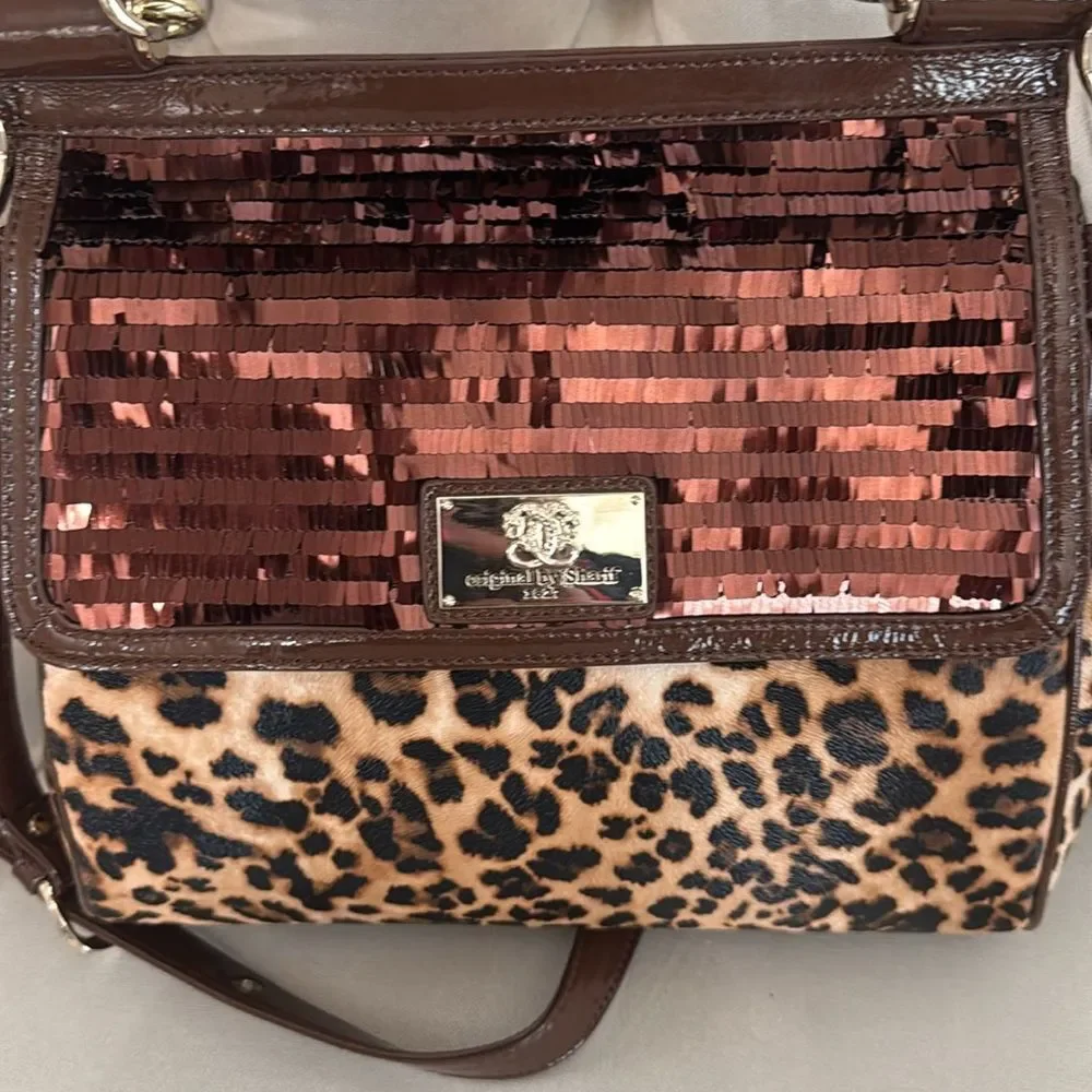 Sharif Leopard Print Satchel with Rose Gold Sequined Flap and Brown Trim